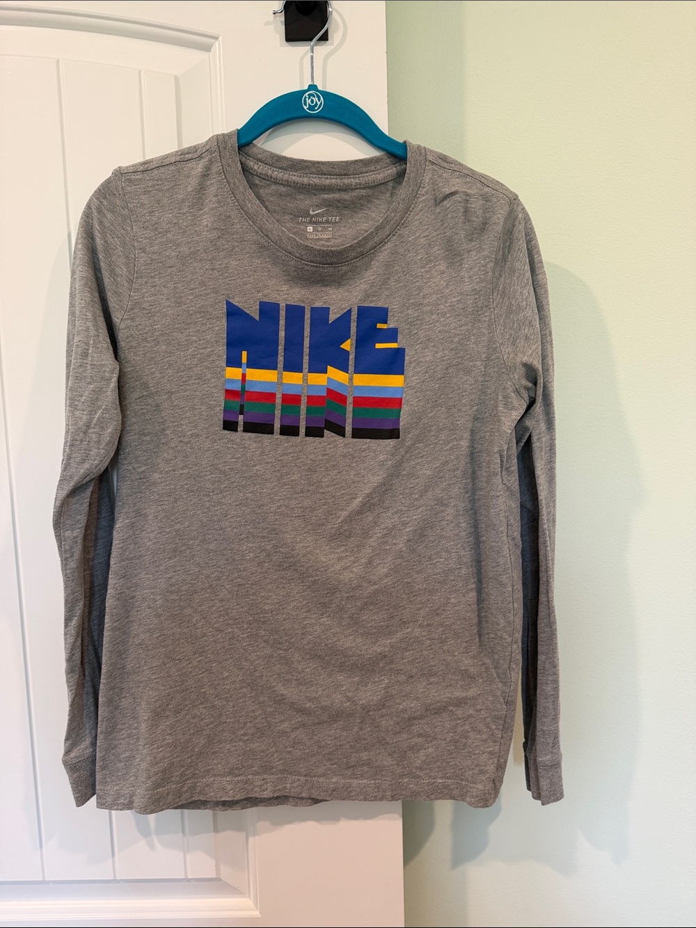 Nike Gray Long Sleeve Shirt with Multicolor Stripe Logo